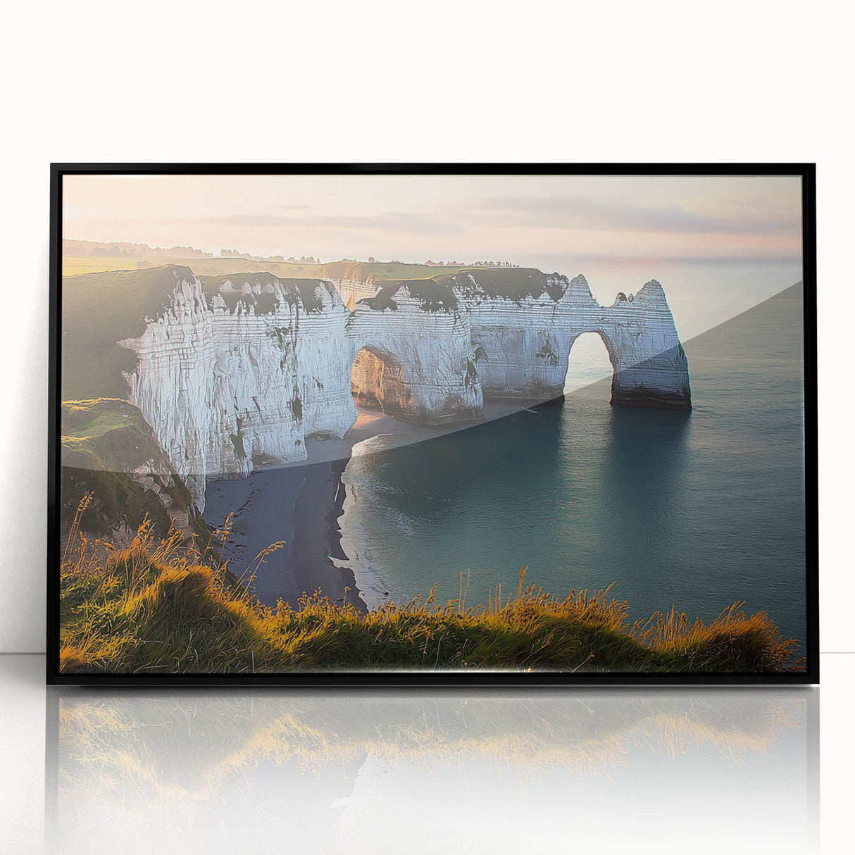 Framed acrylic artwork depicting dramatic cliffs against a vibrant sky, showcasing intricate details and bold colors, perfect for modern home decor.