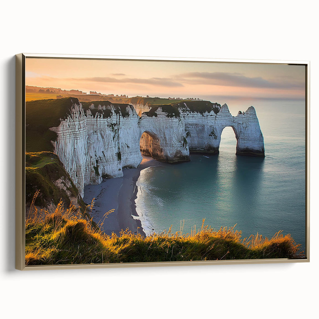 Framed canvas artwork depicting a dramatic cliff landscape in vibrant colors, featuring a gold frame that enhances its elegant aesthetic, perfect for home decor.
