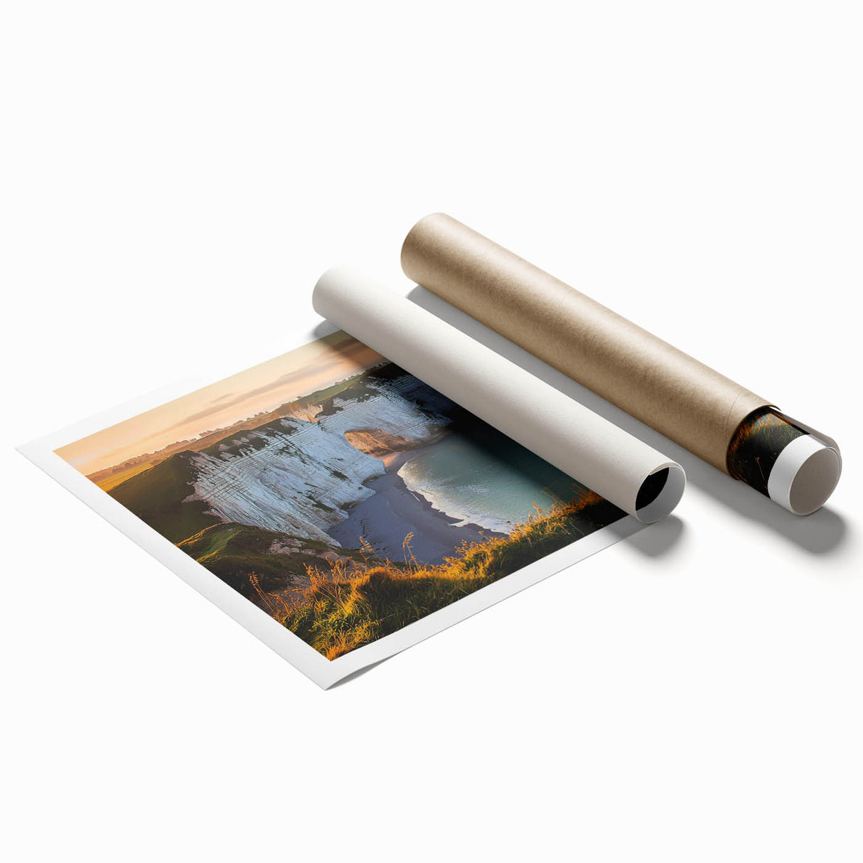 Stunning rolled print showcasing a dramatic landscape of cliffs against a vibrant sunset, featuring rich colors and intricate details, perfect for home decor.