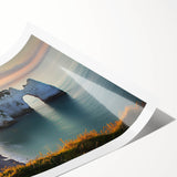 Vibrant rolled print of a stunning cliff landscape showcasing rich colors and intricate details, perfect for home decor, presented in a protective cardboard tube.