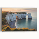 Stretched canvas artwork depicting dramatic cliffs against a vibrant sunset, showcasing rich colors and intricate details, ideal for enhancing modern home decor.