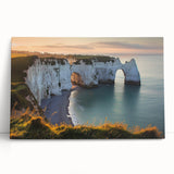 Stretched canvas artwork depicting dramatic coastal cliffs under a vibrant sunset, showcasing rich colors and dynamic textures, perfect for modern home decor.