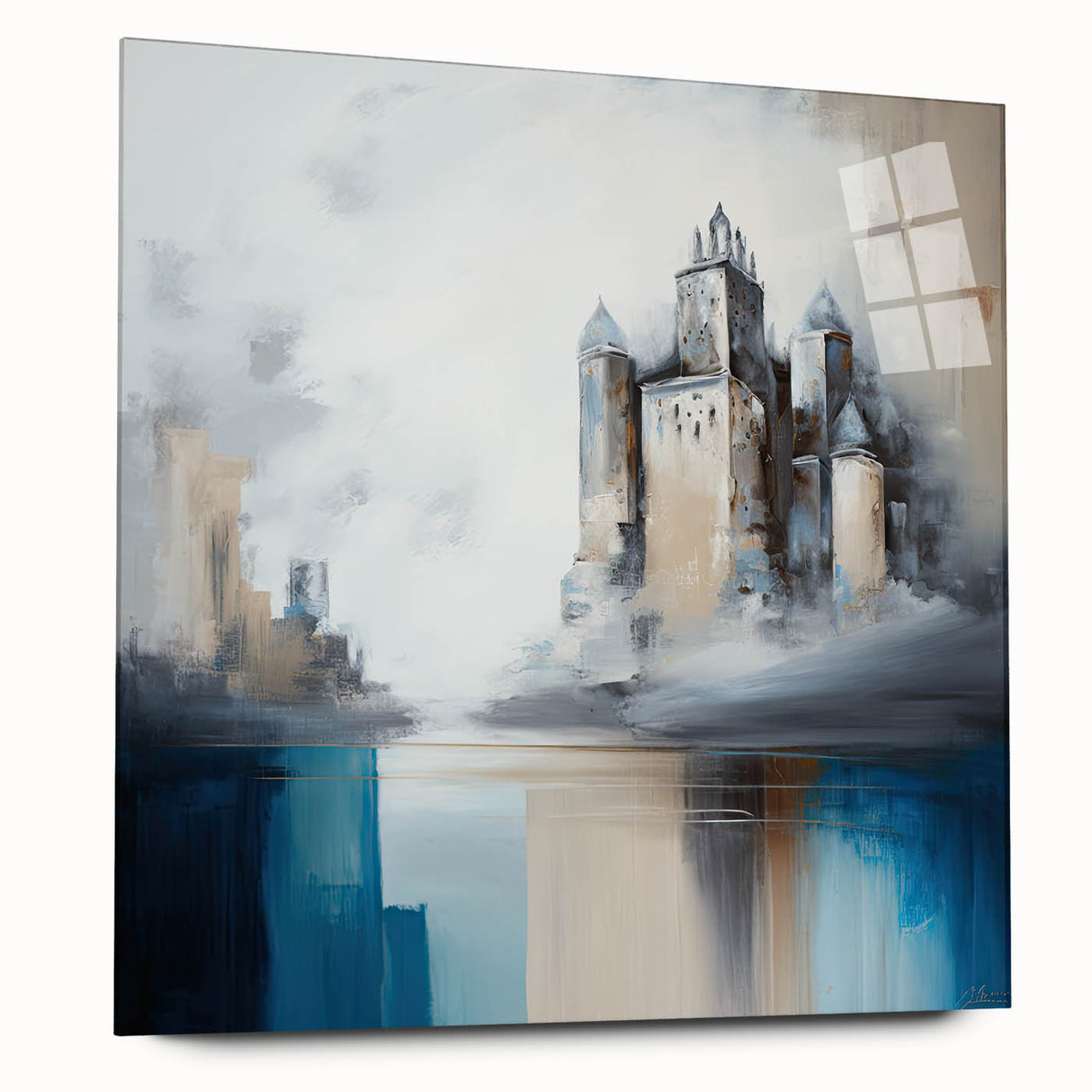 Abstract architectural wall art displayed on acrylic glass, showcasing vibrant colors and geometric shapes, perfect for modern interior decor.