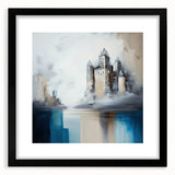 Abstract architectural wall art framed in black with a mat, showcasing geometric shapes and modern design elements, perfect for contemporary decor.