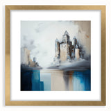 Abstract architecture wall art framed in elegant gold, featuring geometric shapes and soft tones, perfect for modern decor. Displayed with a white mat, it enhances any living space.