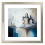 Abstract architectural wall art framed in silver with a mat, showcasing intricate geometric patterns and modern design elements, ideal for contemporary home decor.