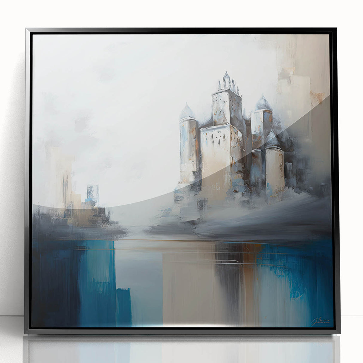 Framed acrylic wall art showcasing an abstract architectural design with bold geometric shapes in black and white, perfect for modern home decor.