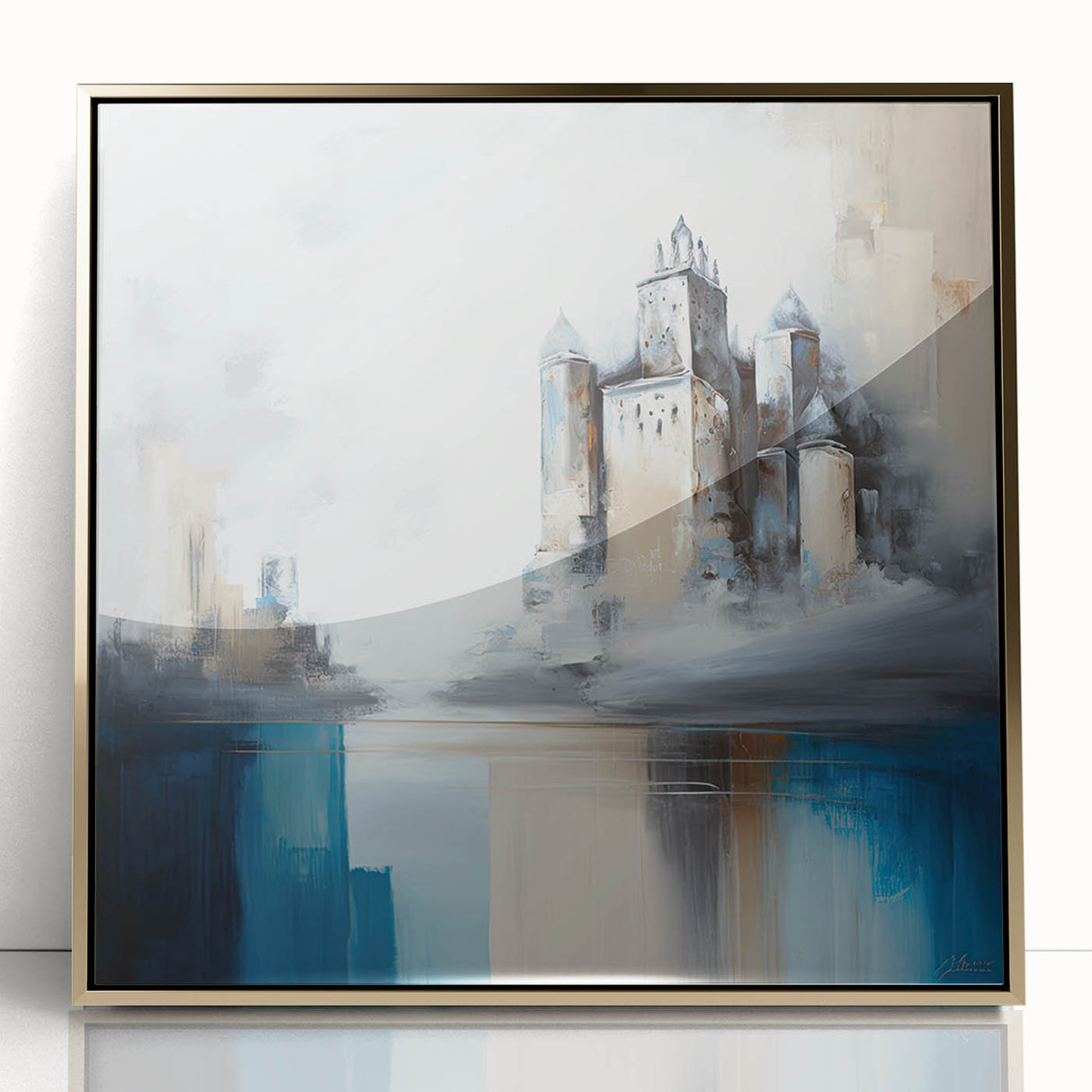 Framed acrylic wall art showcasing abstract architectural design in gold, featuring intricate geometric patterns and a sleek modern aesthetic, perfect for contemporary decor.