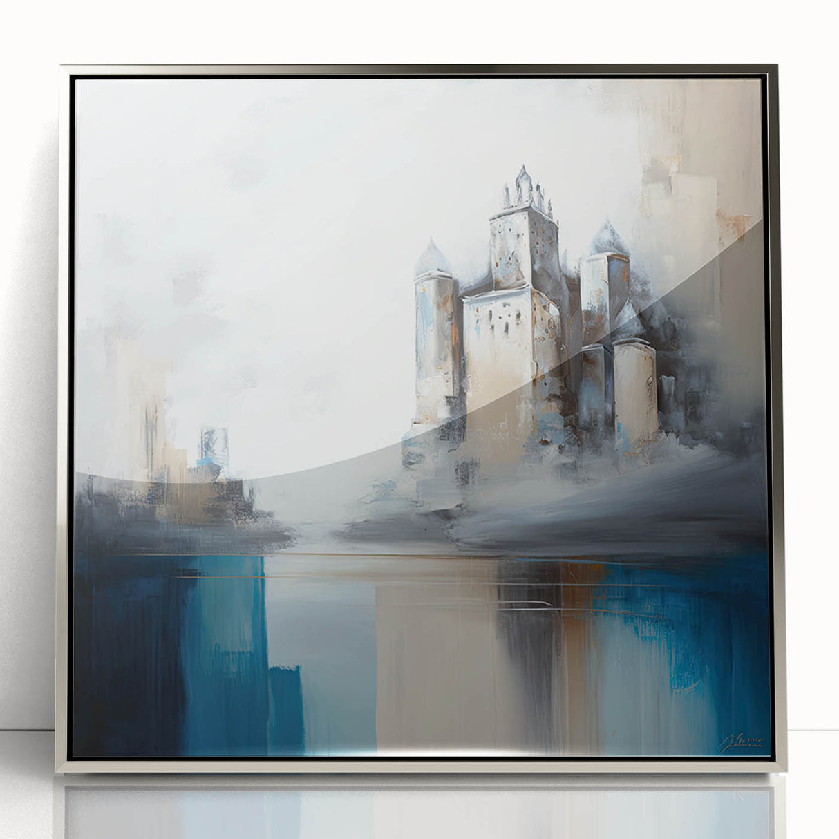 Framed abstract architecture wall art featuring silver and gray tones, showcasing intricate geometric patterns that enhance modern decor in any space.