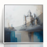 Framed abstract architecture wall art featuring geometric shapes and a modern aesthetic, displayed in a sleek white frame, perfect for contemporary home decor.