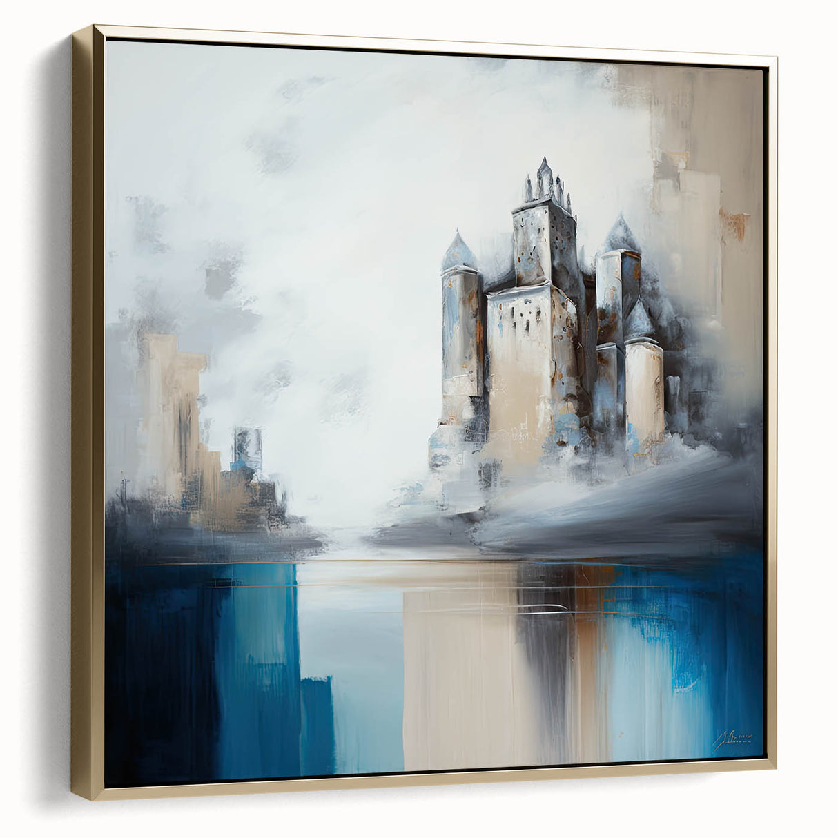 Framed abstract architecture wall art showcasing a blend of silver and gold tones, perfect for modern interior decor. Ideal for enhancing contemporary living spaces.