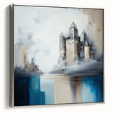 Framed abstract architecture wall art in silver, showcasing geometric shapes and a modern design, perfect for contemporary home decor. The artwork adds an elegant touch to any room.