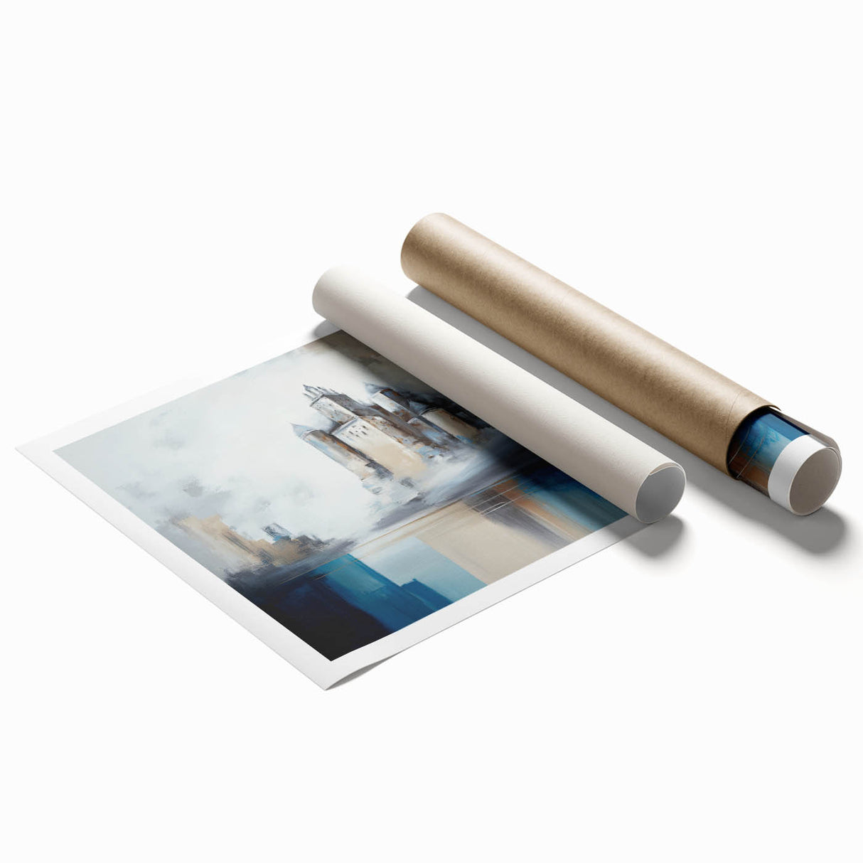 Abstract architecture wall art print showcasing geometric shapes and vibrant colors, rolled and ready for display, perfect for modern interior decor.