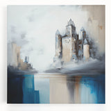 Abstract architecture wall art on stretched canvas showcasing a modern design with geometric shapes in vibrant colors, ideal for contemporary home decor.