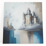 Abstract architectural wall art on stretched canvas, featuring bold geometric shapes and vibrant colors, leaning against a neutral wall, perfect for modern decor.