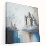 Abstract architectural wall art on stretched canvas, showcasing geometric shapes and vibrant colors, perfect for modern home decor. Side view highlights depth and texture, ideal for art enthusiasts seeking unique interior accents.