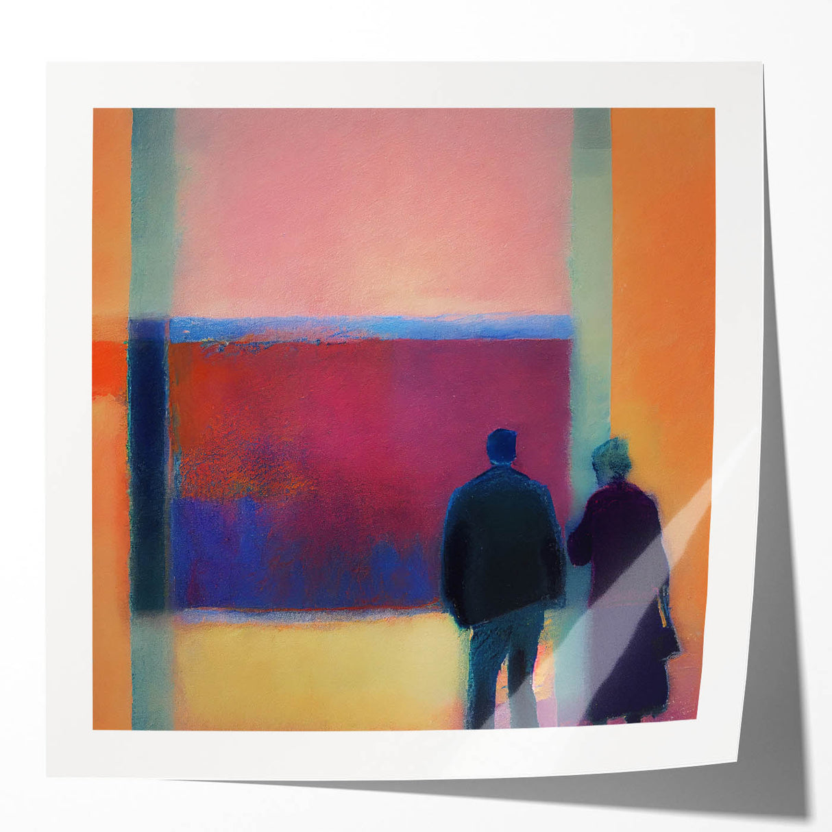 Abstract figurative wall art print showcasing vibrant colors and dynamic shapes, presented in a glossy finish, ideal for modern home decor accents.