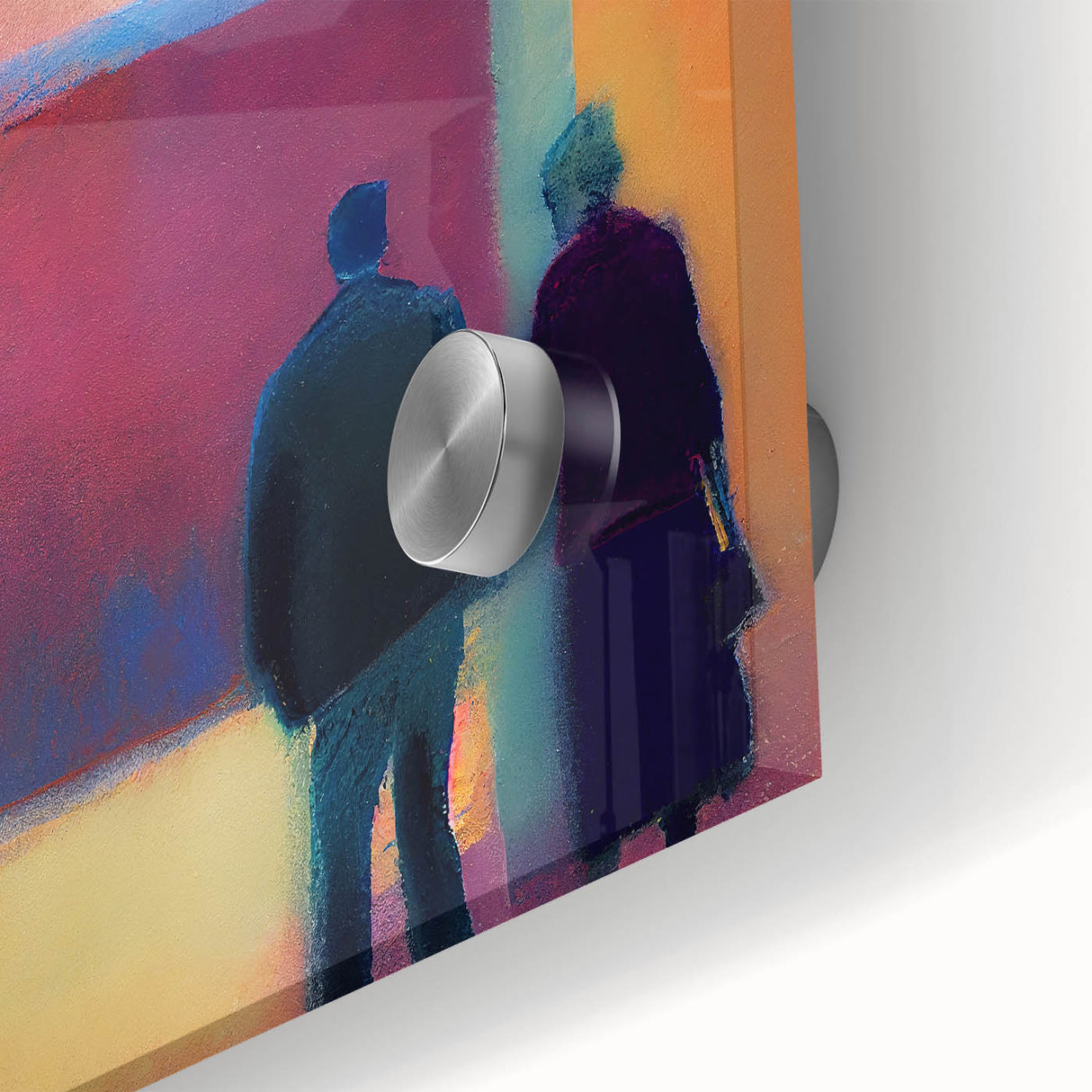 Close-up of vibrant abstract figurative wall art on acrylic glass, showcasing intricate details and vivid colors, perfect for contemporary home decor.