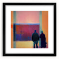 Abstract figurative wall art framed in black with a white mat, showcasing bold colors and dynamic shapes, ideal for modern home decor and artistic expression.