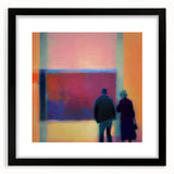 Abstract figurative wall art framed in black with a white mat, showcasing bold colors and dynamic shapes, ideal for modern home decor and artistic expression.