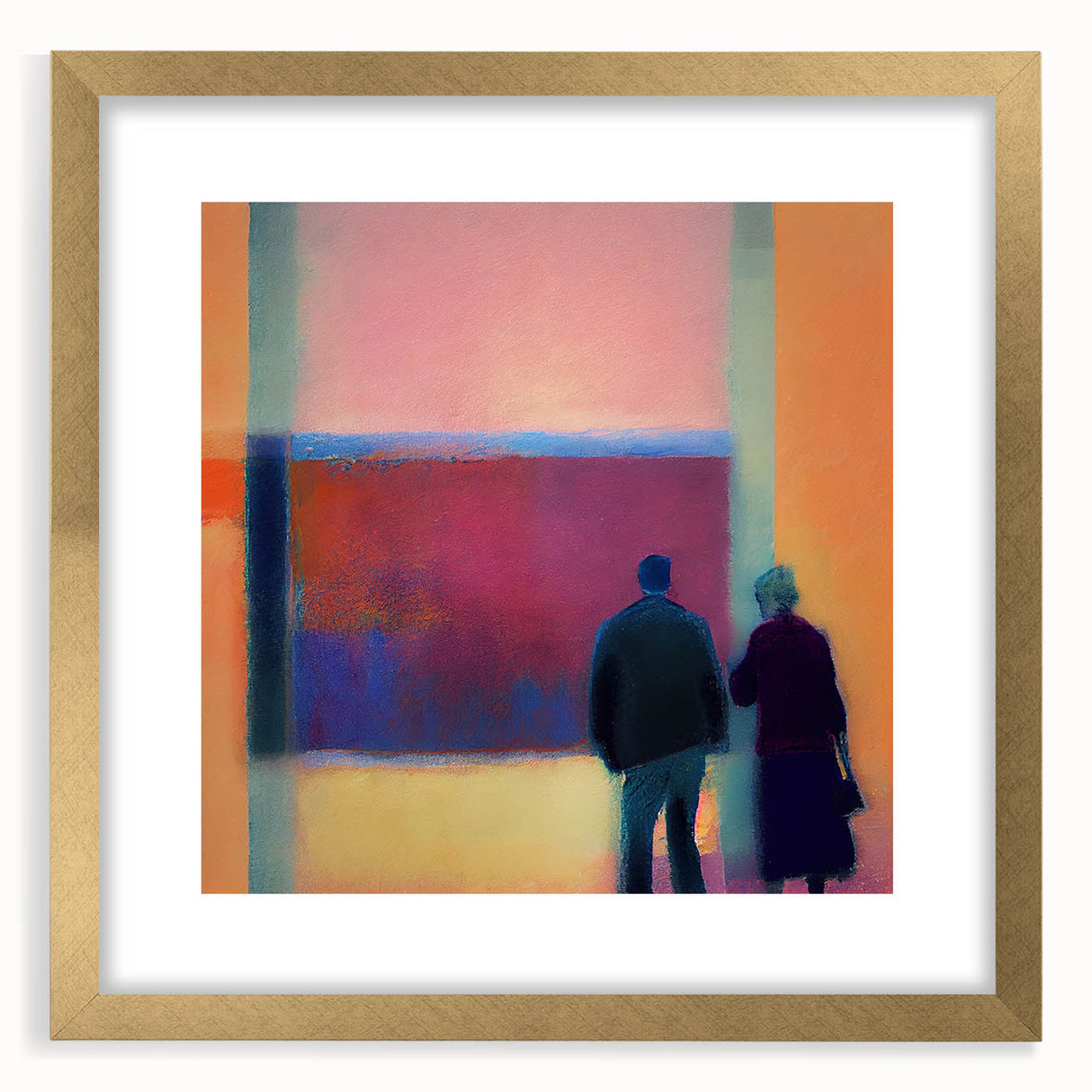 Abstract figurative wall art in a gold frame with a mat, showcasing vibrant colors and dynamic shapes, perfect for modern home decor. This artwork adds a touch of elegance and creativity to any living space, enhancing visual interest and style.
