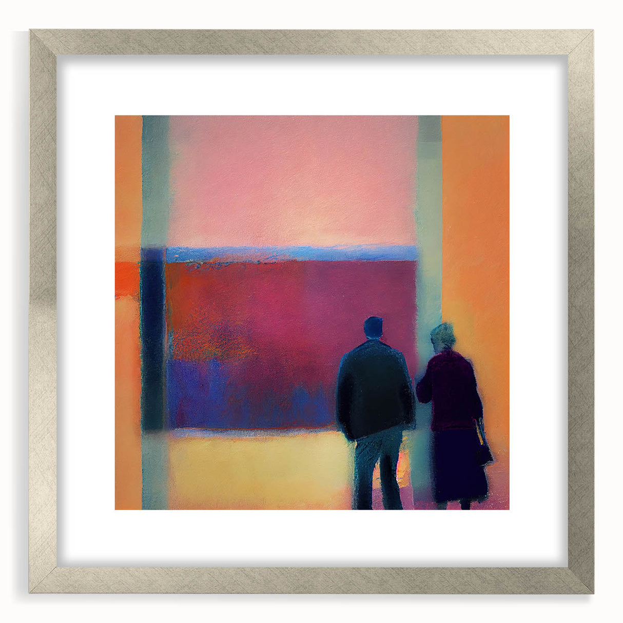 Abstract figurative wall art framed in silver, showcasing dynamic shapes and vibrant colors, ideal for modern home decor and artistic expression.
