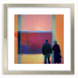 Abstract figurative wall art framed in silver, showcasing dynamic shapes and vibrant colors, ideal for modern home decor and artistic expression.