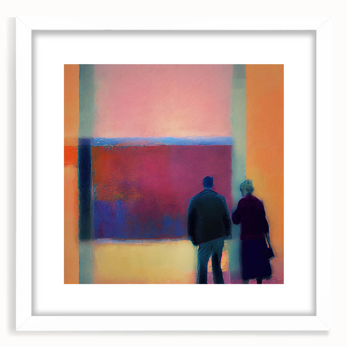 Abstract figurative wall art framed with a white mat, showcasing vibrant colors and dynamic shapes, perfect for modern home decor or office aesthetics.
