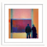 Abstract figurative wall art framed with a white mat, showcasing vibrant colors and dynamic shapes, perfect for modern home decor or office aesthetics.