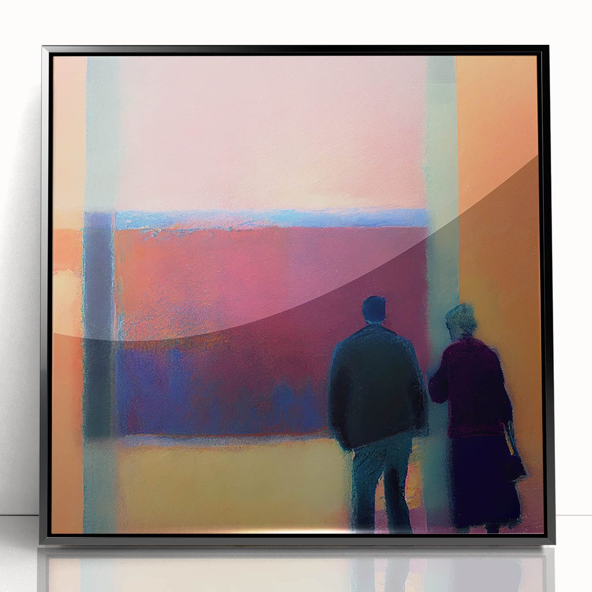 Abstract figurative wall art in a sleek black frame, showcasing vibrant colors and dynamic shapes, perfect for modern home decor or office spaces.