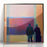 Modern abstract figurative wall art in a sleek silver frame, showcasing vibrant colors and dynamic shapes, perfect for contemporary home decor.
