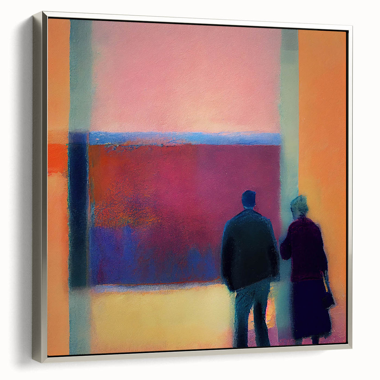 Framed abstract figurative wall art with a silver frame, showcasing vibrant colors and dynamic shapes, perfect for modern home decor.