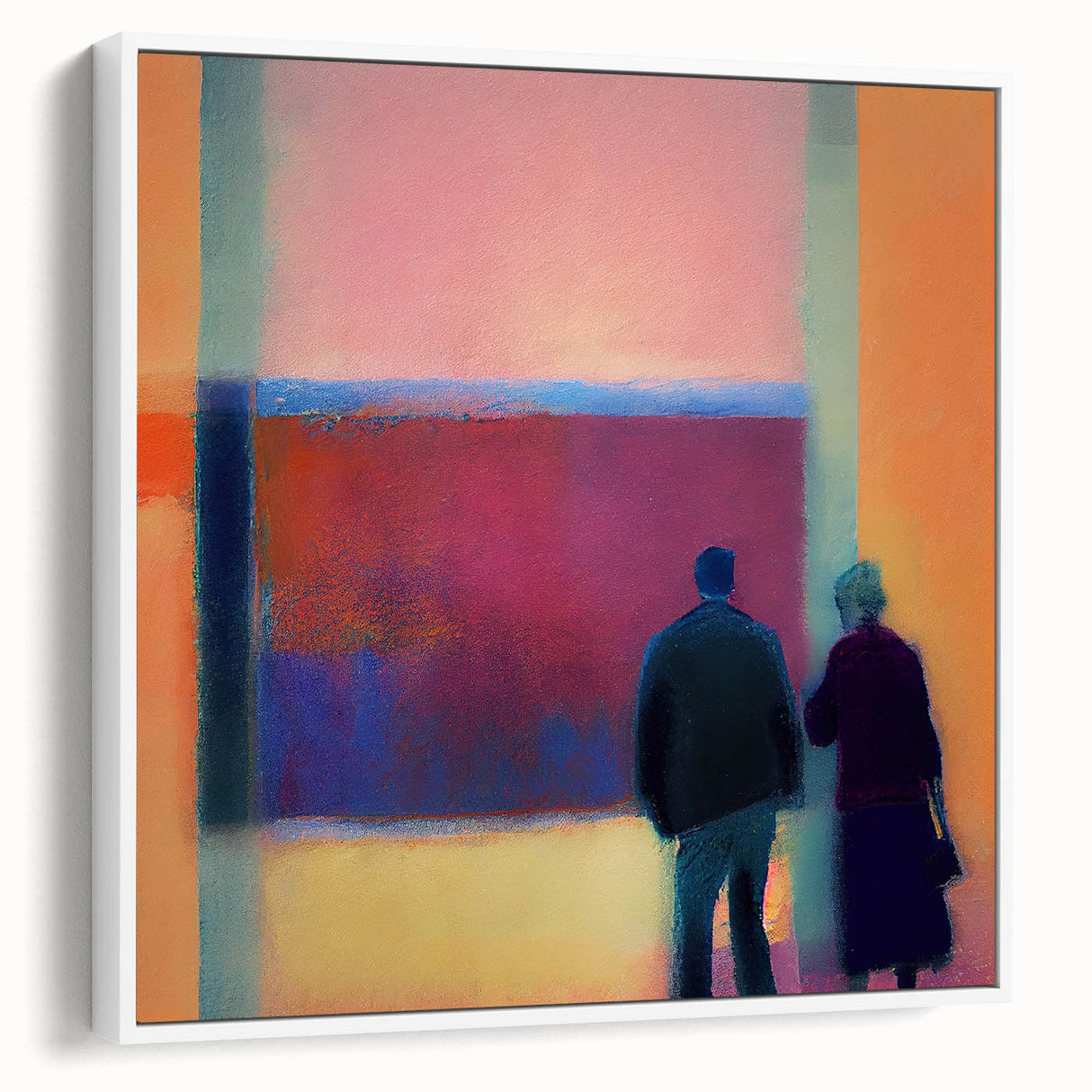 Abstract figurative wall art featuring a dynamic interplay of colors and shapes, elegantly framed and showcased from a side view, perfect for modern decor.