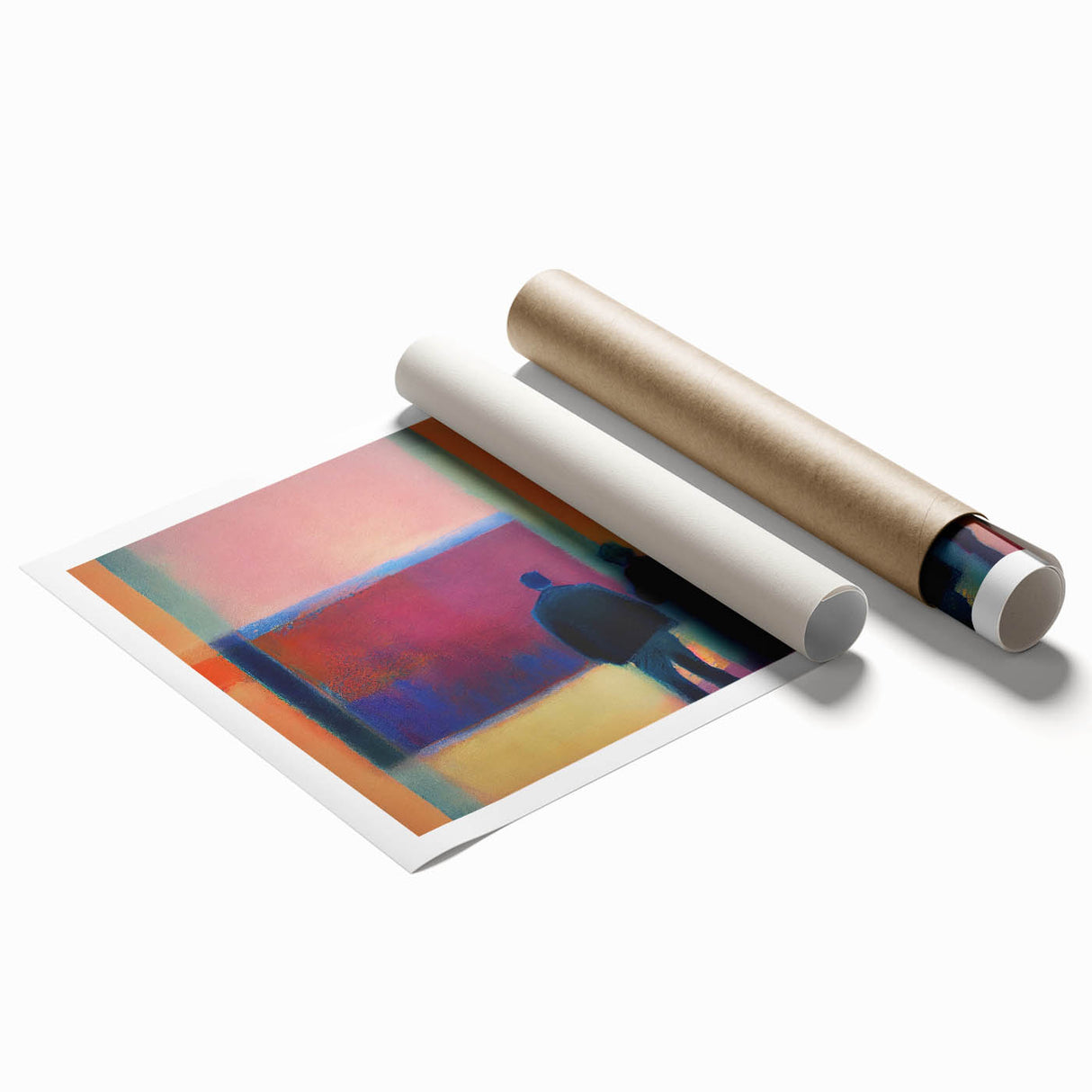 Abstract figurative wall art print showcasing vibrant colors and dynamic shapes, rolled and ready for display, emphasizing contemporary artistic expression.
