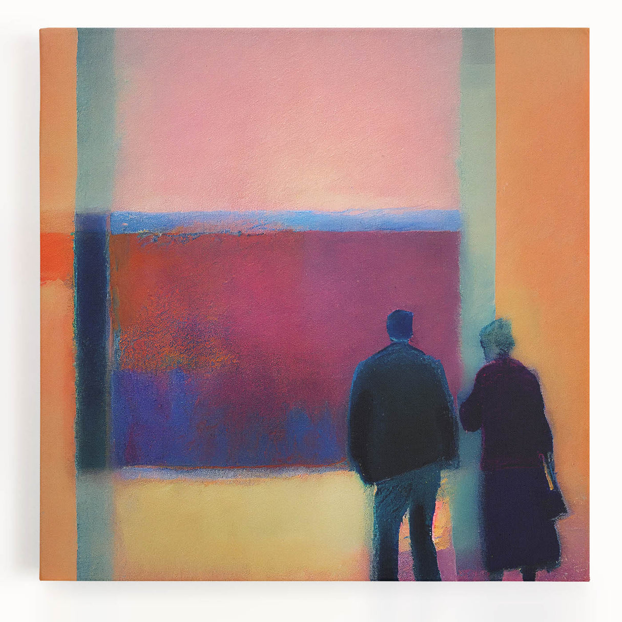 Abstract figurative wall art on stretched canvas, showcasing vibrant colors and dynamic shapes, ideal for modern home decor. Perfect for adding a unique artistic touch to living spaces.