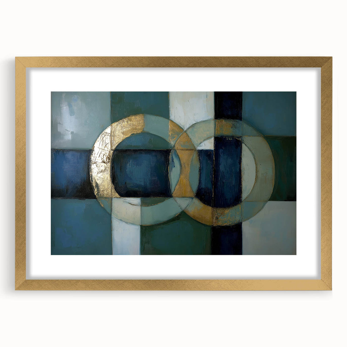 Elegant gold abstract geometric frame with a mat, showcasing a front view that highlights intricate design details, perfect for modern home decor.
