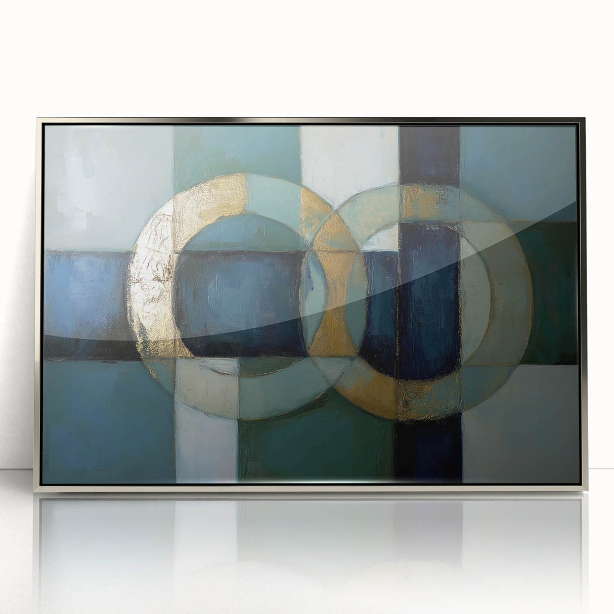 Framed acrylic artwork showcasing an abstract geometric design in silver tones, perfect for modern decor. This visually striking piece adds elegance to any space.