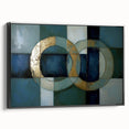 Framed abstract geometric canvas artwork showcasing a striking black design with clean lines, perfect for modern home decor. Side view emphasizes the sleek frame and artistic depth.