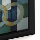 Abstract geometric framed canvas artwork showcasing vibrant colors and intricate patterns, perfect for modern home decor. This close-up highlights the detailed texture and design elements, enhancing any interior space with a contemporary artistic touch.