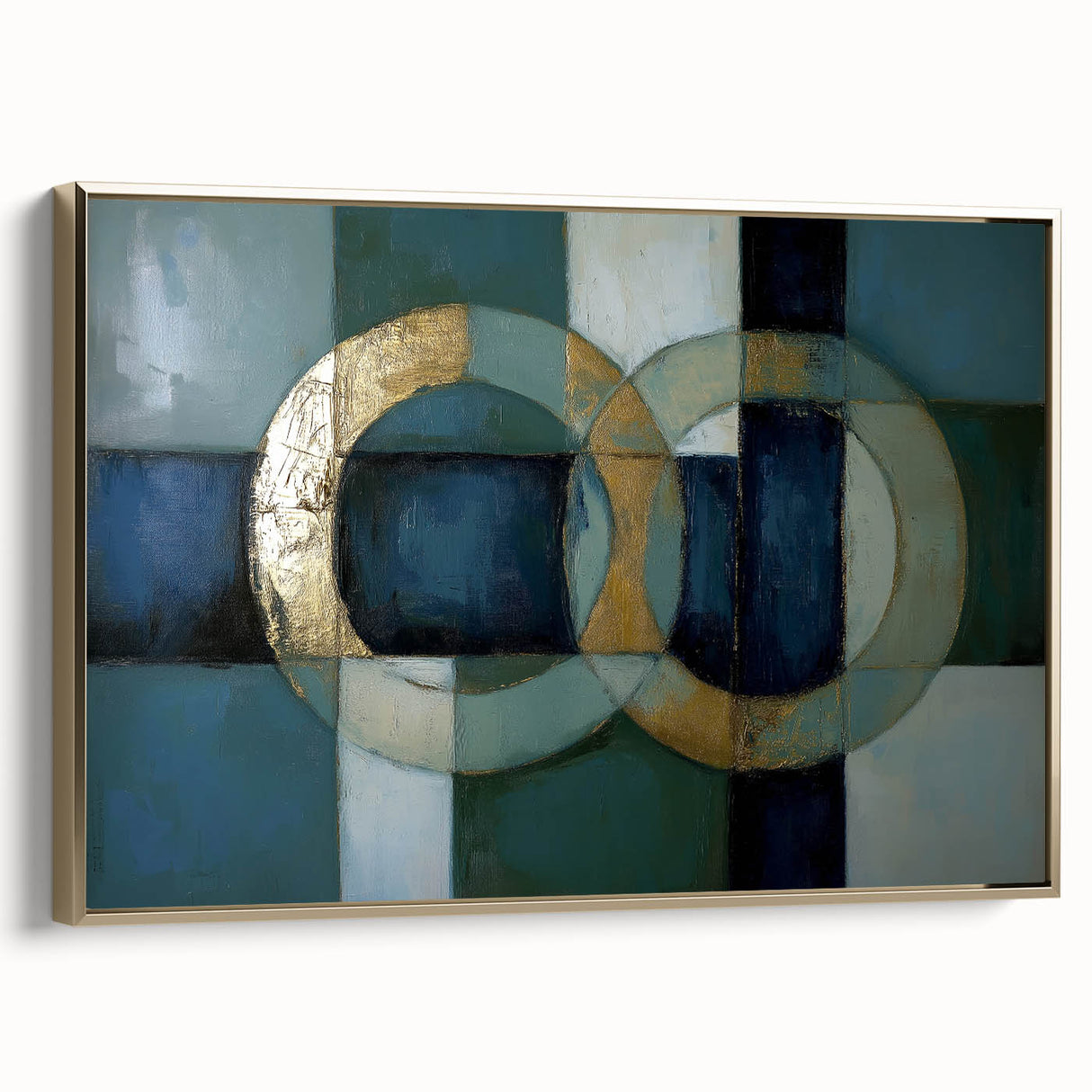 Abstract geometric framed canvas art showcasing a striking gold design, displayed from a side view, perfect for modern interior decor and artistic ambiance.