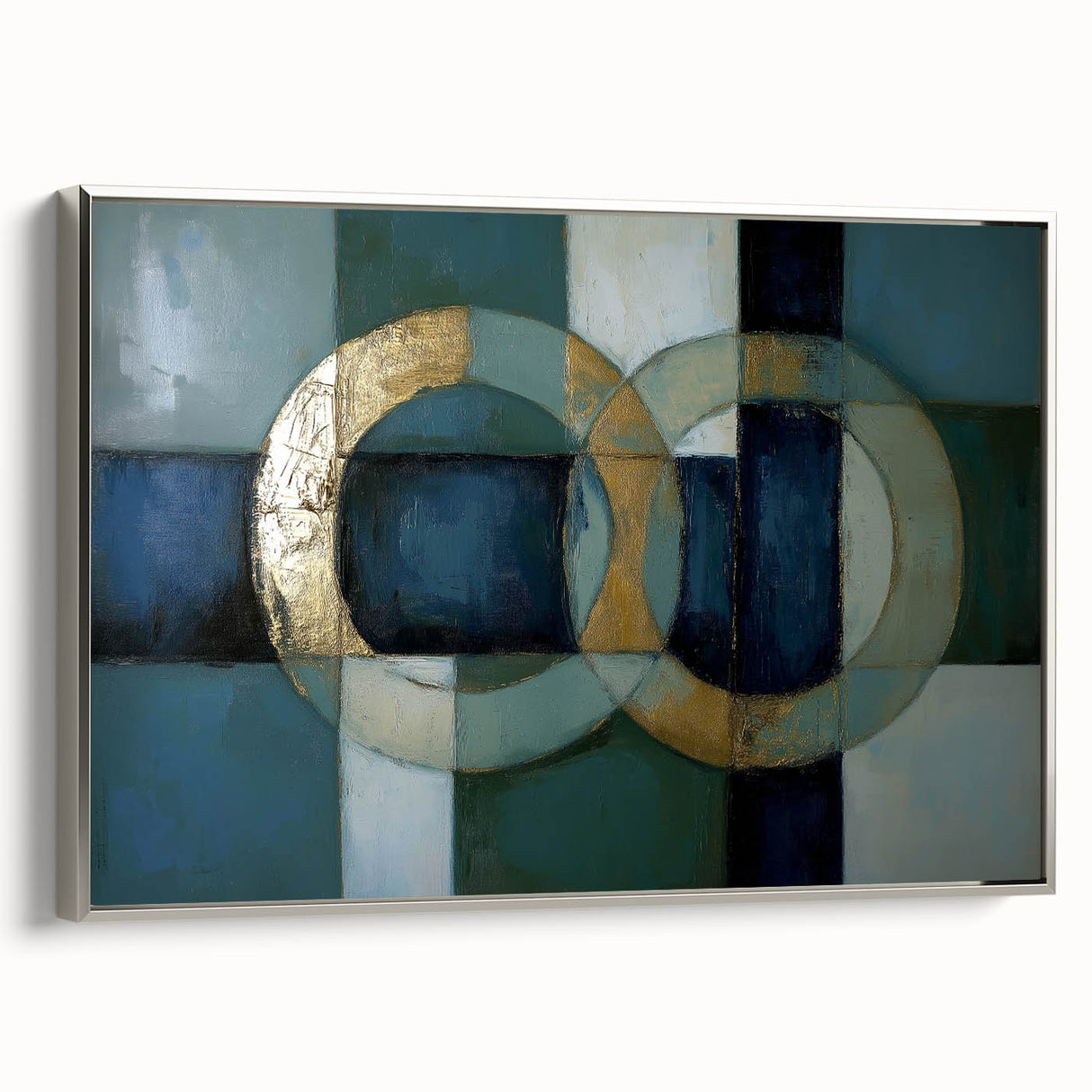 Abstract geometric framed canvas artwork in a silver frame, showcasing intricate patterns and a modern aesthetic, perfect for contemporary home decor.