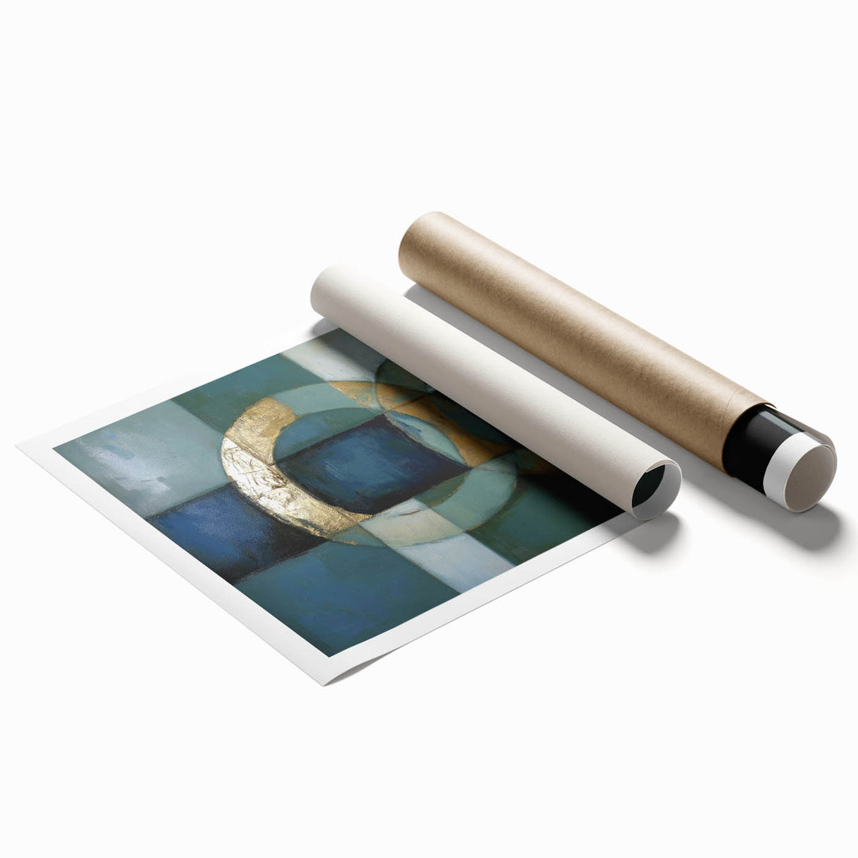 Abstract geometric rolled print displaying vibrant shapes and colors, perfect for modern decor. Packaged securely in a cardboard tube, ideal for easy transport.
