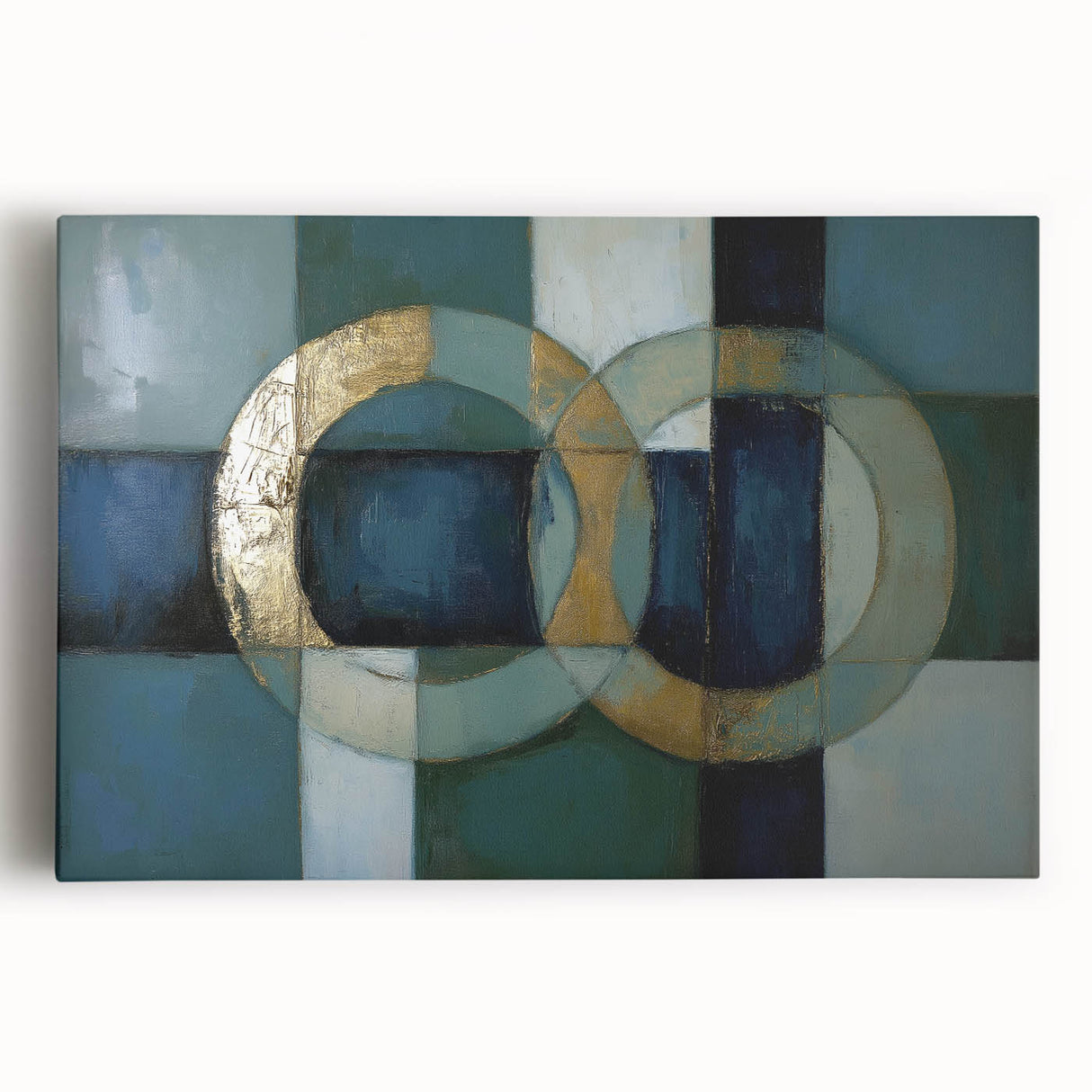Abstract geometric stretched canvas artwork in vibrant colors, showcasing dynamic shapes and patterns, ideal for modern home decor or office spaces.