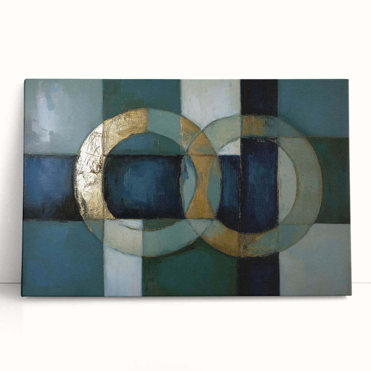Abstract geometric stretched canvas artwork featuring vibrant colors and intricate shapes, ideal for modern home decor. This eye-catching piece leans against a neutral wall, enhancing any contemporary space.