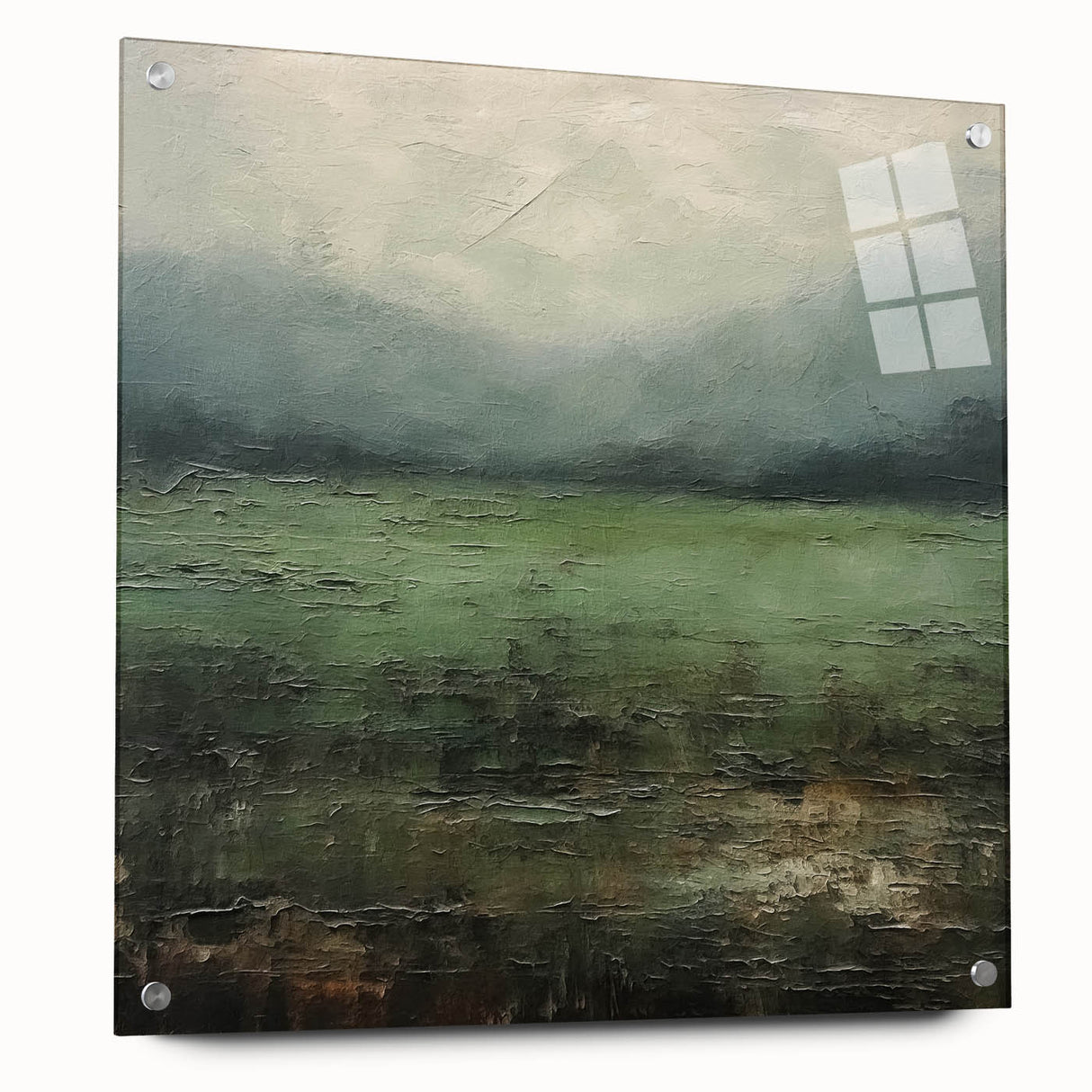 Abstract landscape wall art displayed in a side view, featuring vibrant colors and intricate patterns, secured with pins against an acrylic background for modern decor.