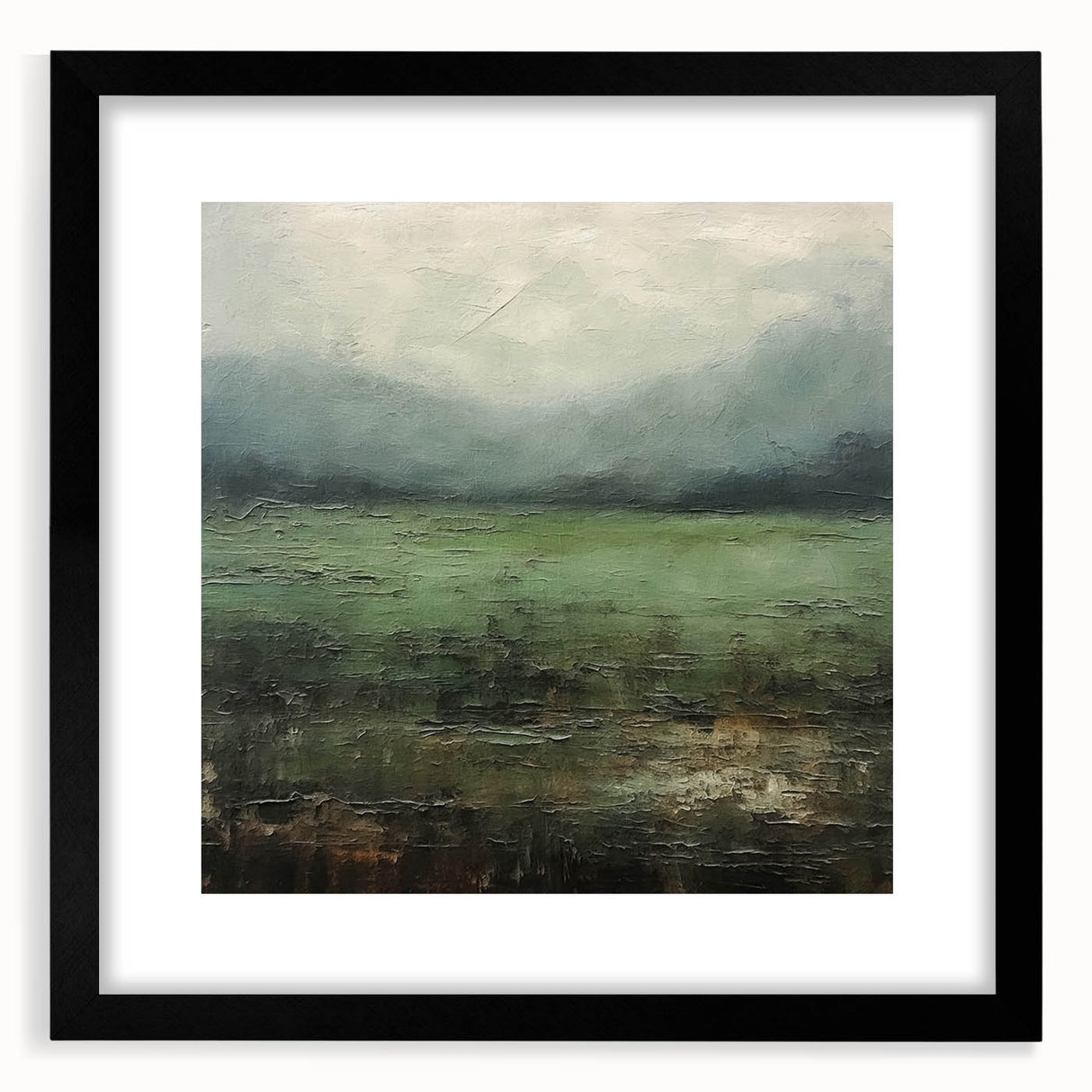 Abstract landscape wall art framed with a black mat, showcasing vibrant colors and intricate patterns, ideal for modern home decor and artistic interiors.