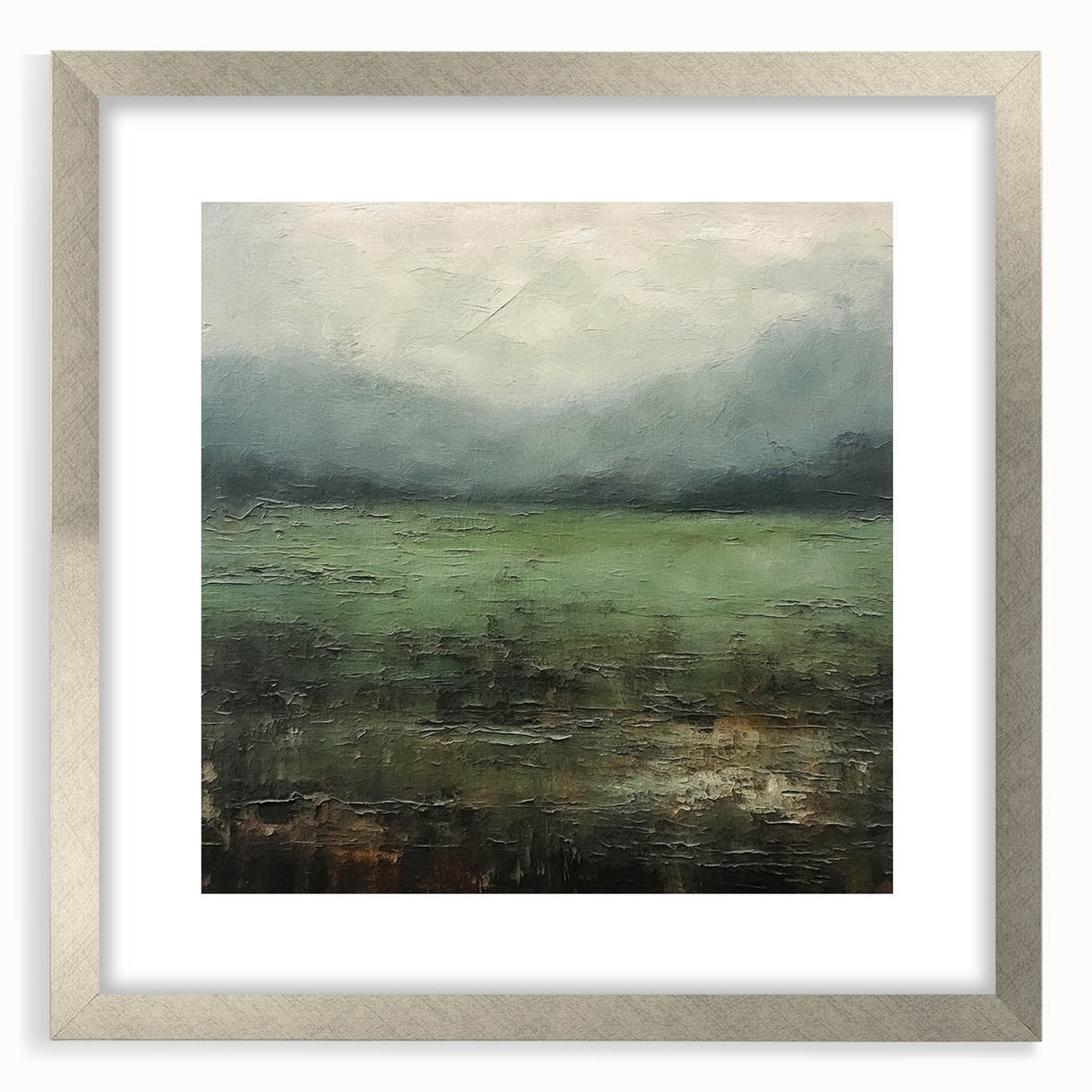 Abstract landscape wall art framed in silver, showcasing vibrant colors and intricate details, ideal for modern home decor. The piece features a mat for an elegant finish, perfect for enhancing living spaces.
