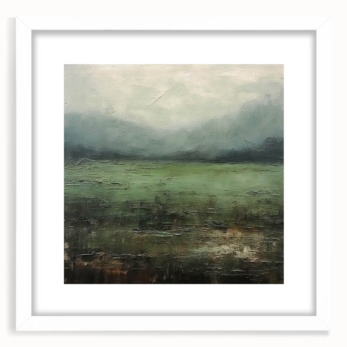 Framed abstract landscape wall art in a white mat, showcasing vibrant colors and dynamic shapes, perfect for modern home decor or gallery displays.