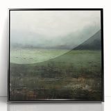 Framed abstract landscape wall art in black acrylic, showcasing vibrant colors and modern design. Ideal for contemporary home decor or office aesthetics.