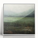 Framed acrylic wall art depicting an abstract landscape, featuring soft blue and white tones, elegantly displayed against a white background, perfect for contemporary home decor.